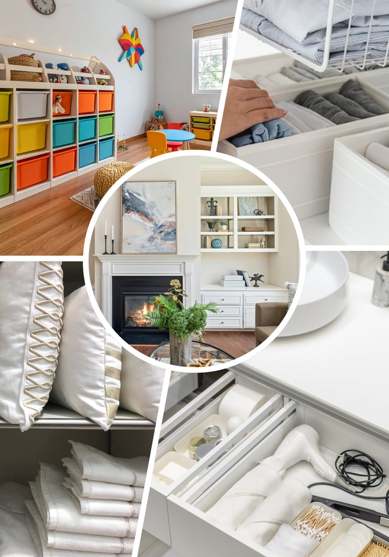 Collage of home organization ideas showing toy storage bins, organized closets, and a tidy living room fireplace.