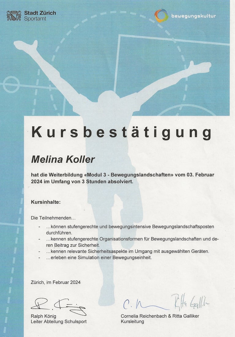 Melina Koller certificate for a movement training course by the Zurich Sports Office.