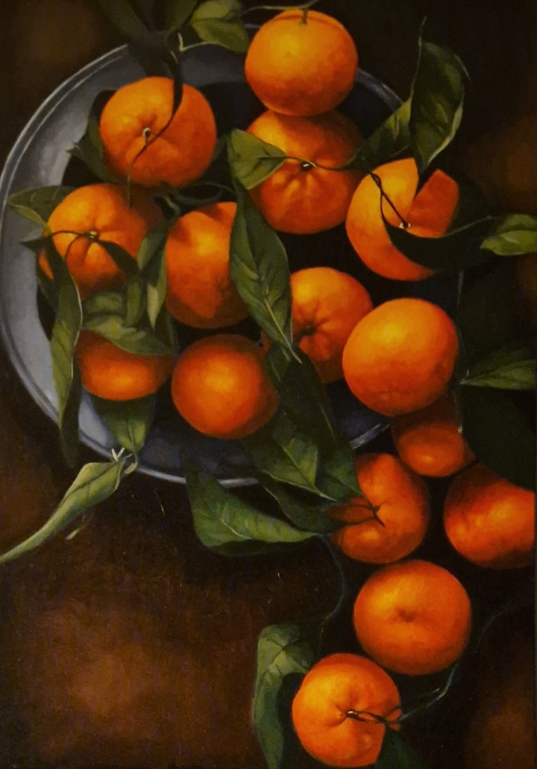 a painting of a bowl of oranges on a table