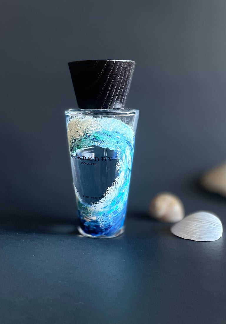 His perfume bottle with rising ocean wave painted on it for a beautiful luxurious gift creating last