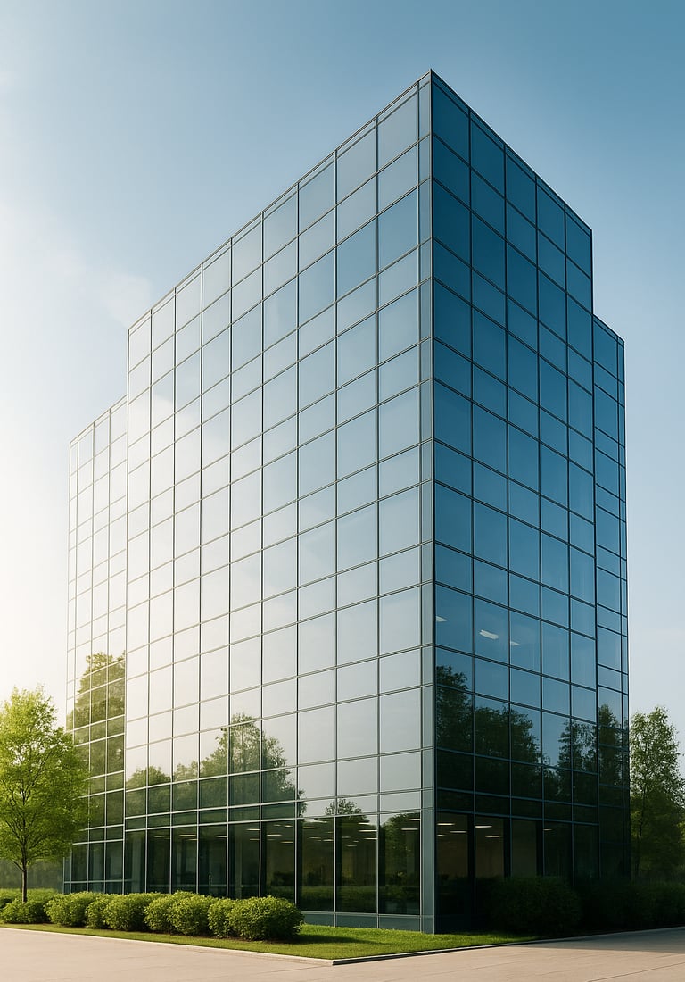 a large glass building with a clock on the outside