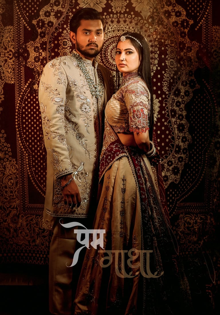 Traditional Indian bride and groom in royal wedding attire, featuring elegant bridal makeup, glowing