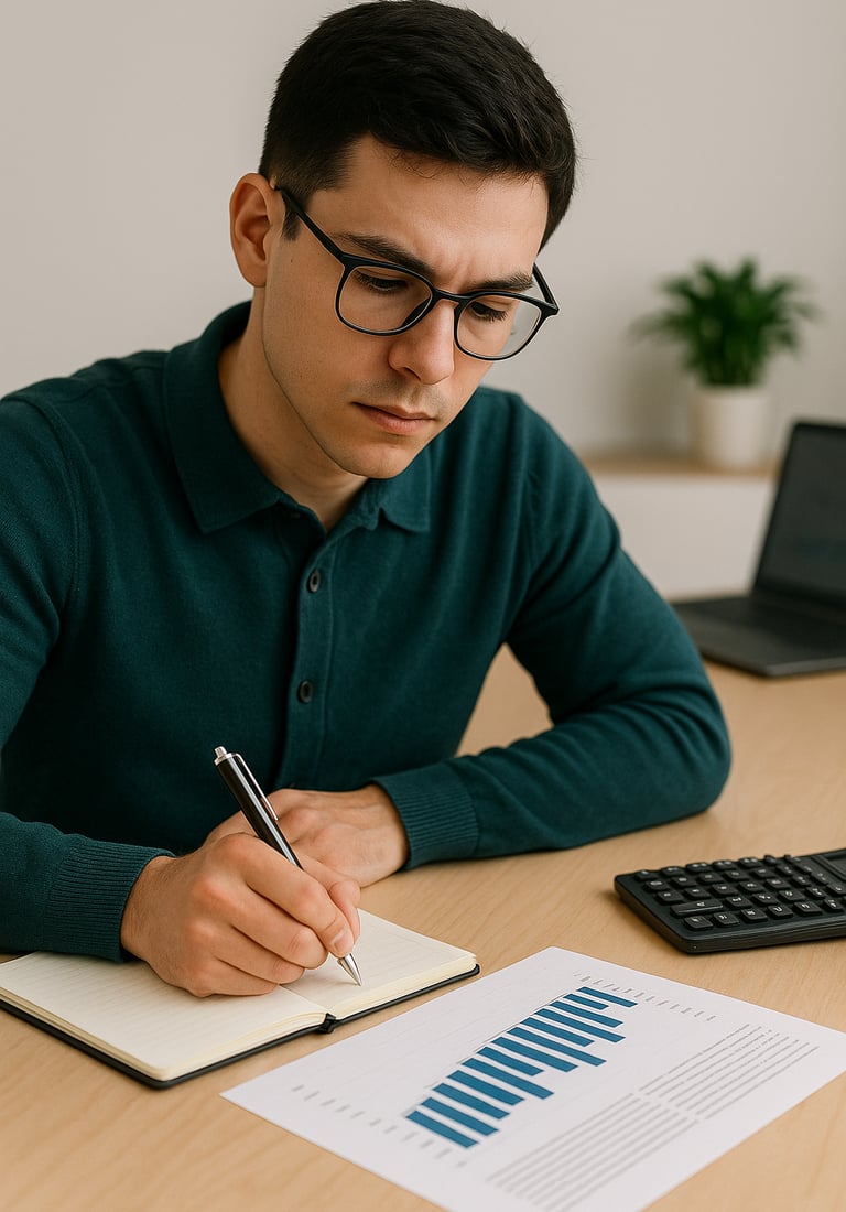 a man in a green shirt is writing on a notebook
