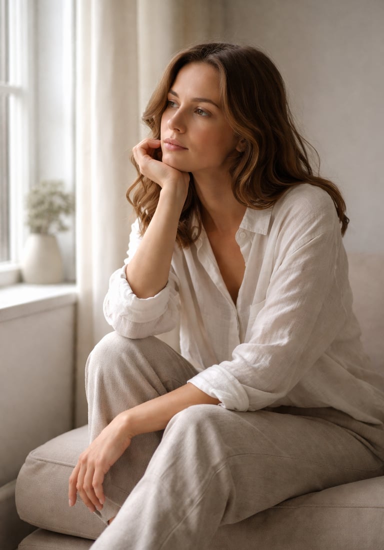 A thoughtful woman wearing a white linen shirt and trousers sits by a bright window.