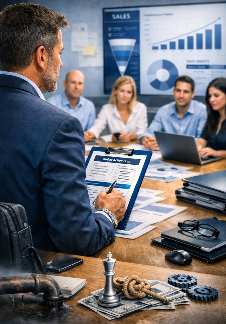 shows a fractional sales leader embedded in a modern office, guiding a small team around a table.
