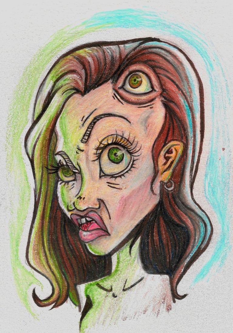 a drawing of a woman with green eyes. Angelina Jolie with a third eye.