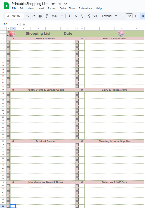 Printable shopping list - google sheets template - off white background - dusky pink - sage green