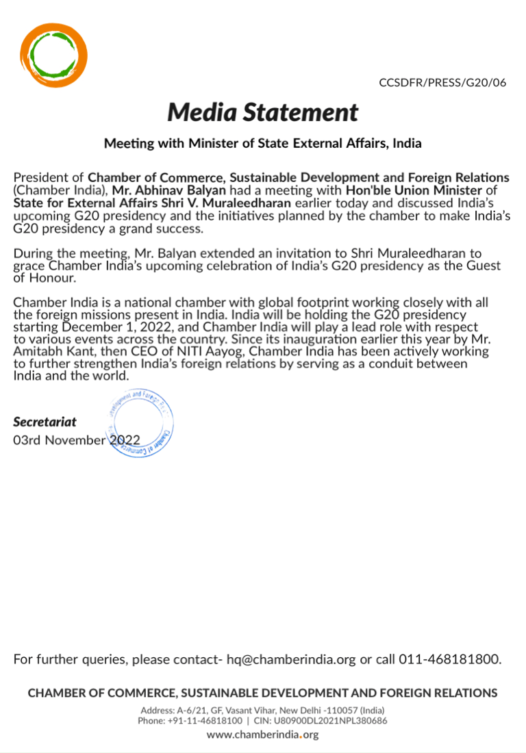 Chamber India Media Release