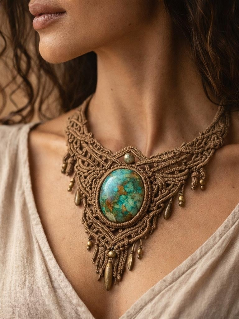 Collar de macramé hecho a mano con una gran piedra turquesa