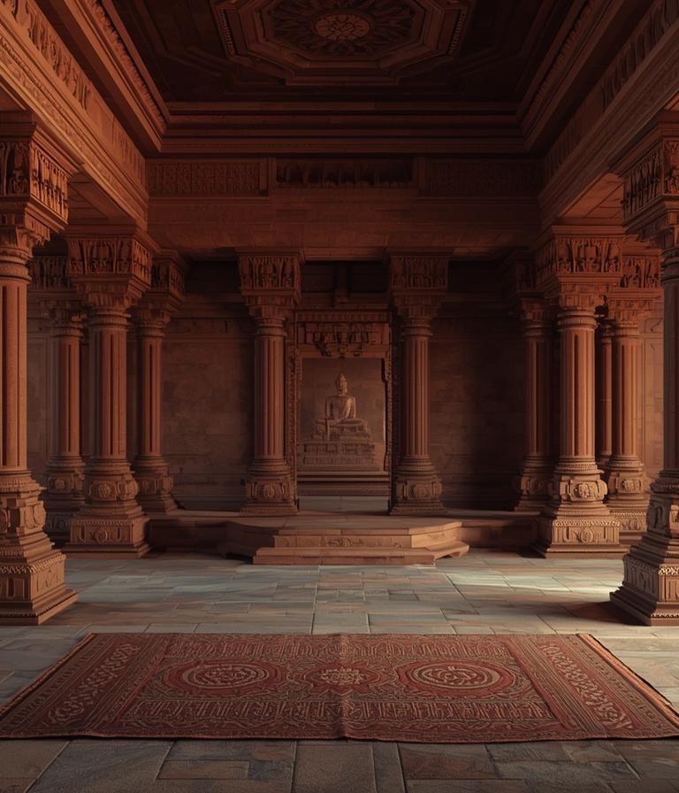 Ancient stone temple interior featuring ornate carved pillars and a central Buddha statue.