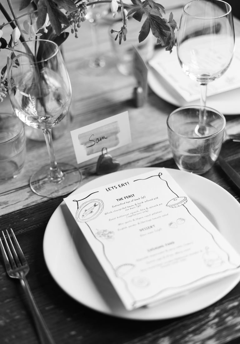 black and white image of a menu and wedding set up