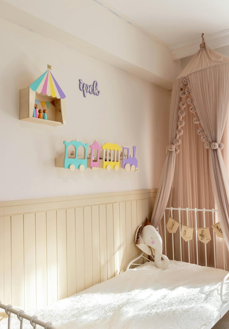Minimalist baby sleep setup with a crib and blackout curtains