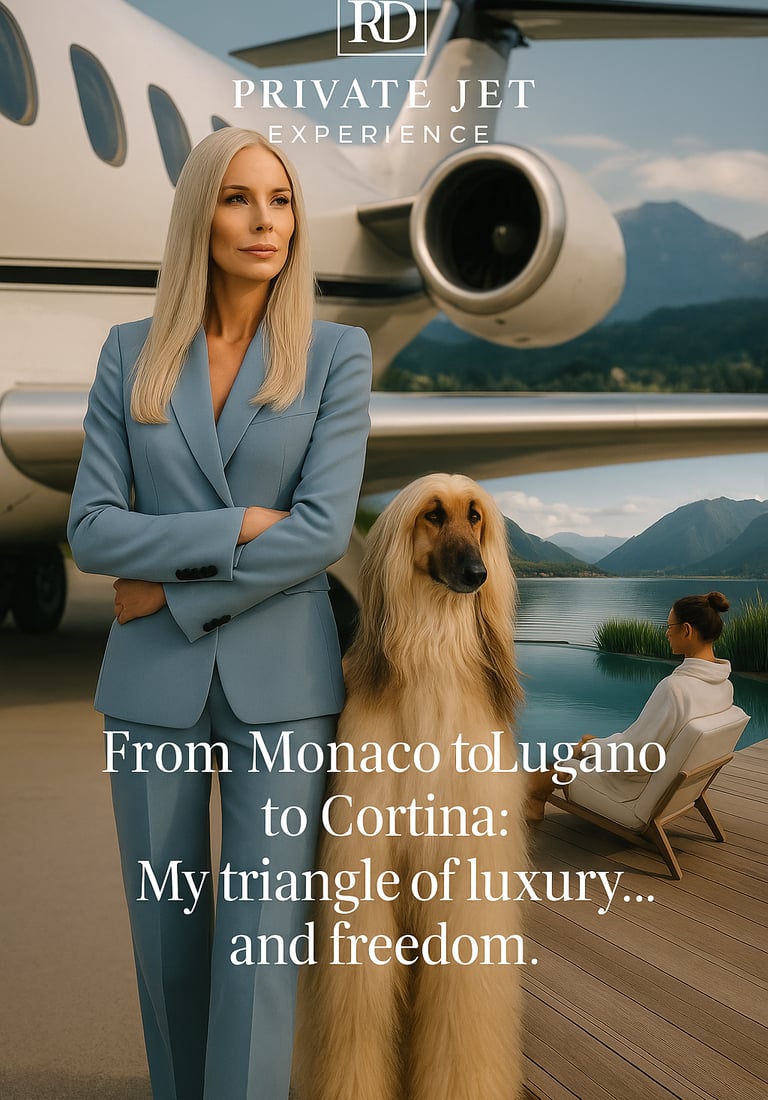 Businesswoman in tailleur azzurro accanto a jet privato e levriero afghano.