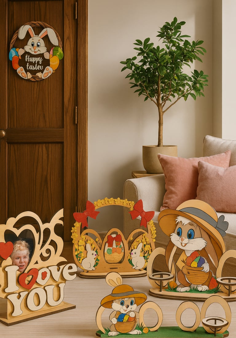 Handgemachte Osterdeko aus Holz – Hasenfiguren, Eierhalter und Türkranz in warmem Wohnambiente, gefe