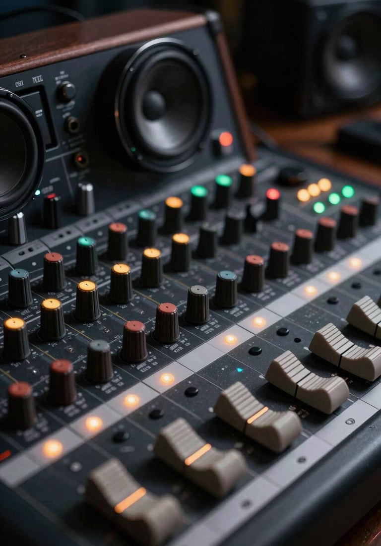 Close-up shot of professional audio mixing equipment in a darkened studio with glowing dusty seafoam indicator lights.