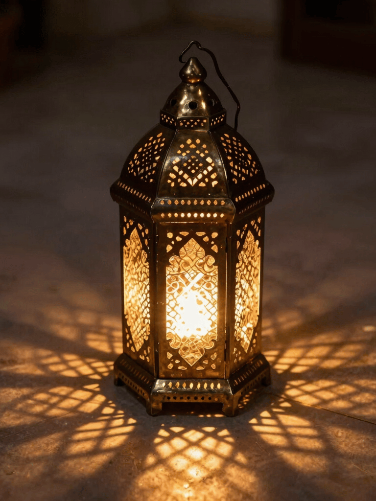 A glowing Moroccan lantern with intricate brass patterns, casting beautiful golden geometric shadows on a dark floor.