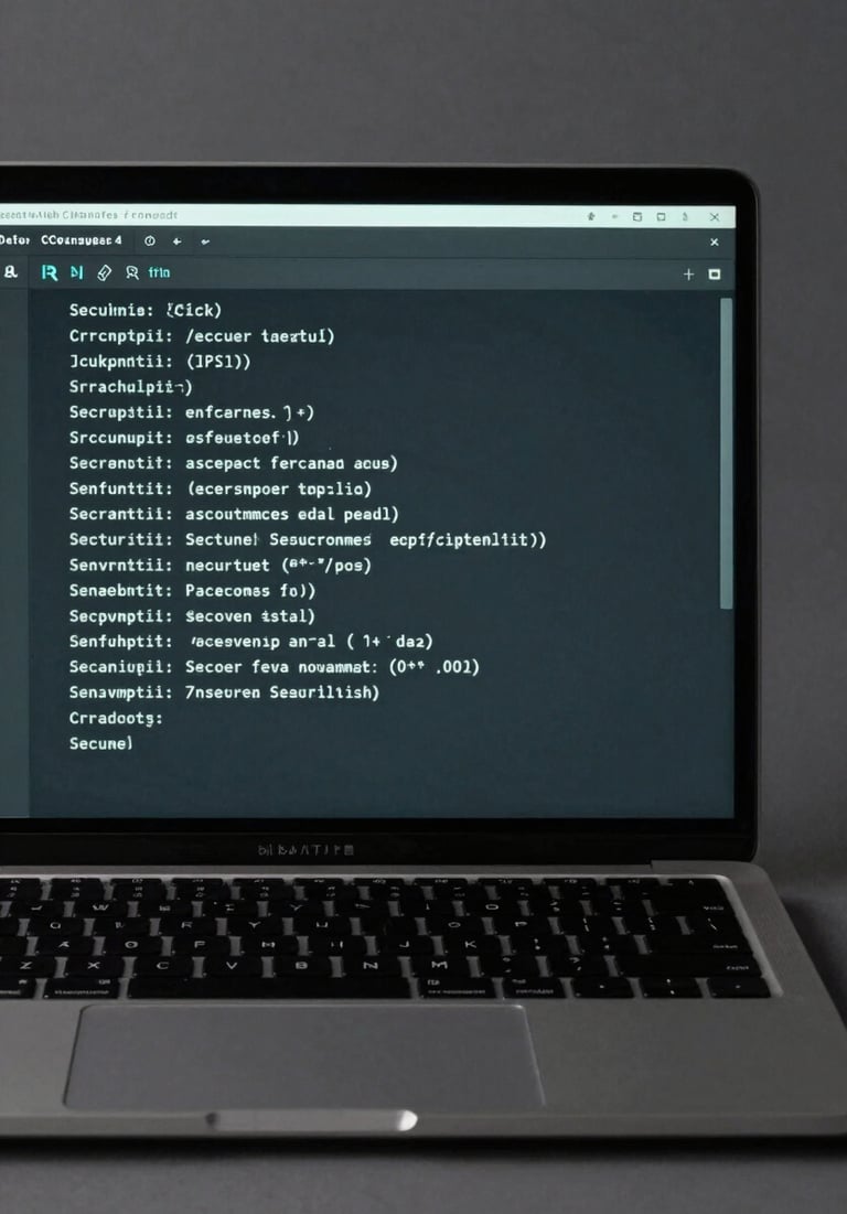 A minimalist photograph of a high-performance laptop showing a terminal window with secure encrypted text. The palette uses dark slate grey and muted teal accents.