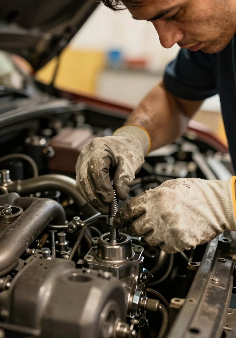 Close-up of a mechanic's hands, wearing work gloves, expertly tightening a bolt on a car engine, focused expression, warm task lighting, shallow depth of field, 35mm.
