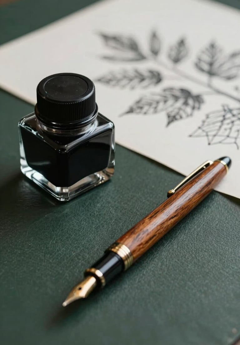 A sophisticated close-up of a glass inkwell and a vintage wooden dip pen resting on a dark forest green desk, with a blurred botanical sketch in the background.