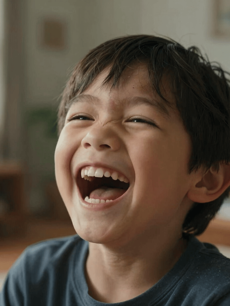 Close-up of a child's laughter, candid and heartwarming in a North American residential setting, cinematic depth of field, warm natural light.