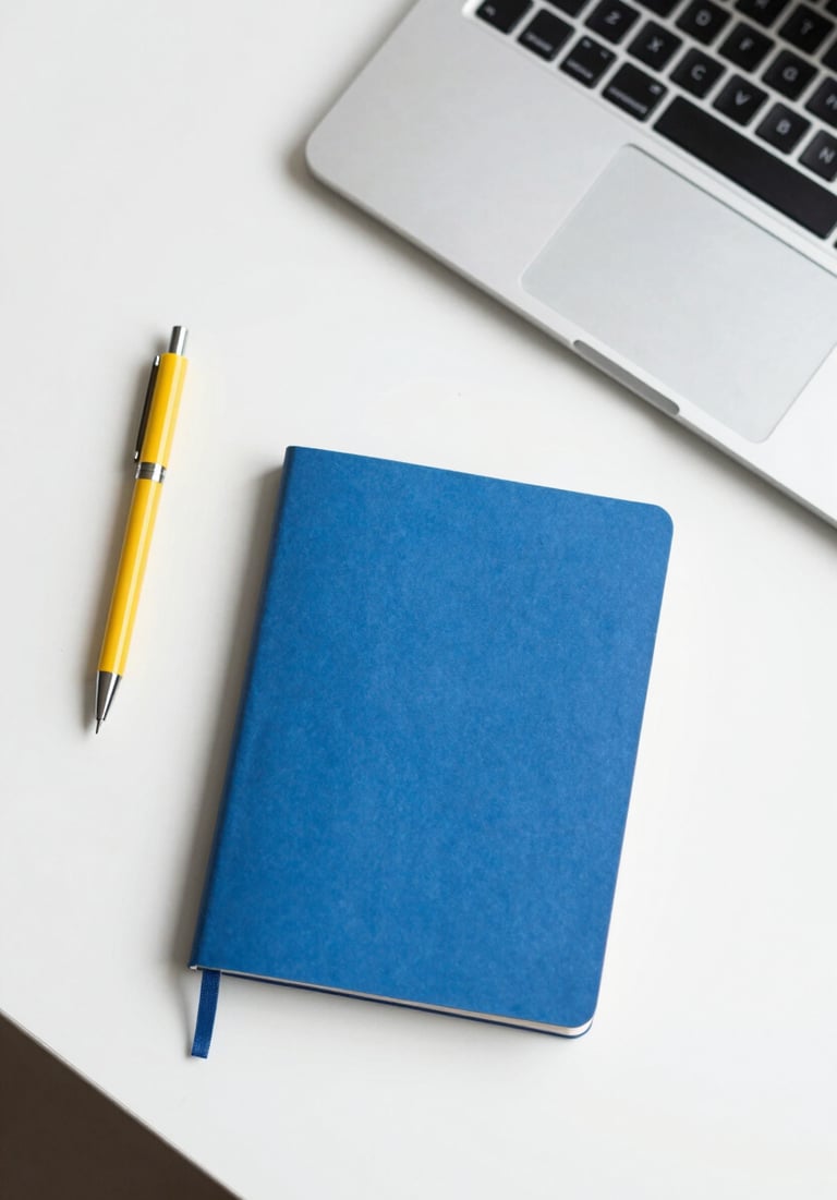 Top-down view of a minimalist desk with a yellow pen, a blue notebook, and a laptop, clean and organized.