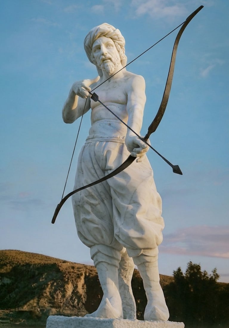 White marble statue of an ancient archer in a turban holding a bow and arrow against a blue sky.