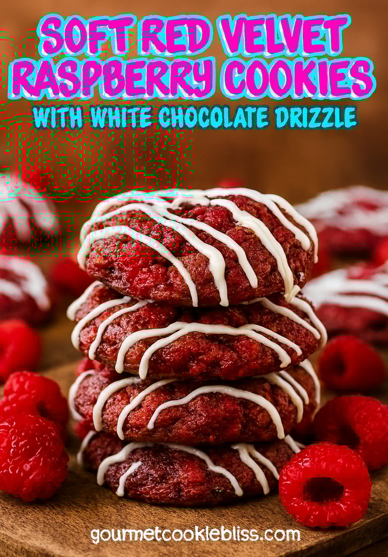 Vertical pin showing stacked red velvet cookies packed with raspberries & white chocolate drizzle.