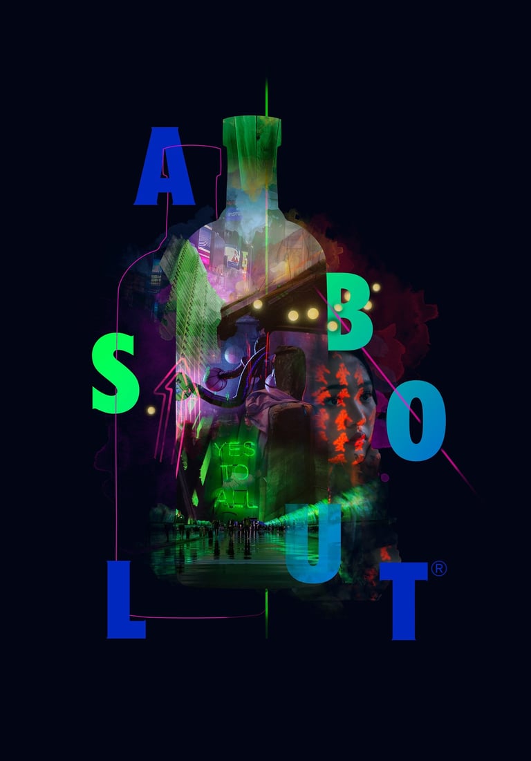 Butla alkoholu na czarnym tle z neonowymi literami