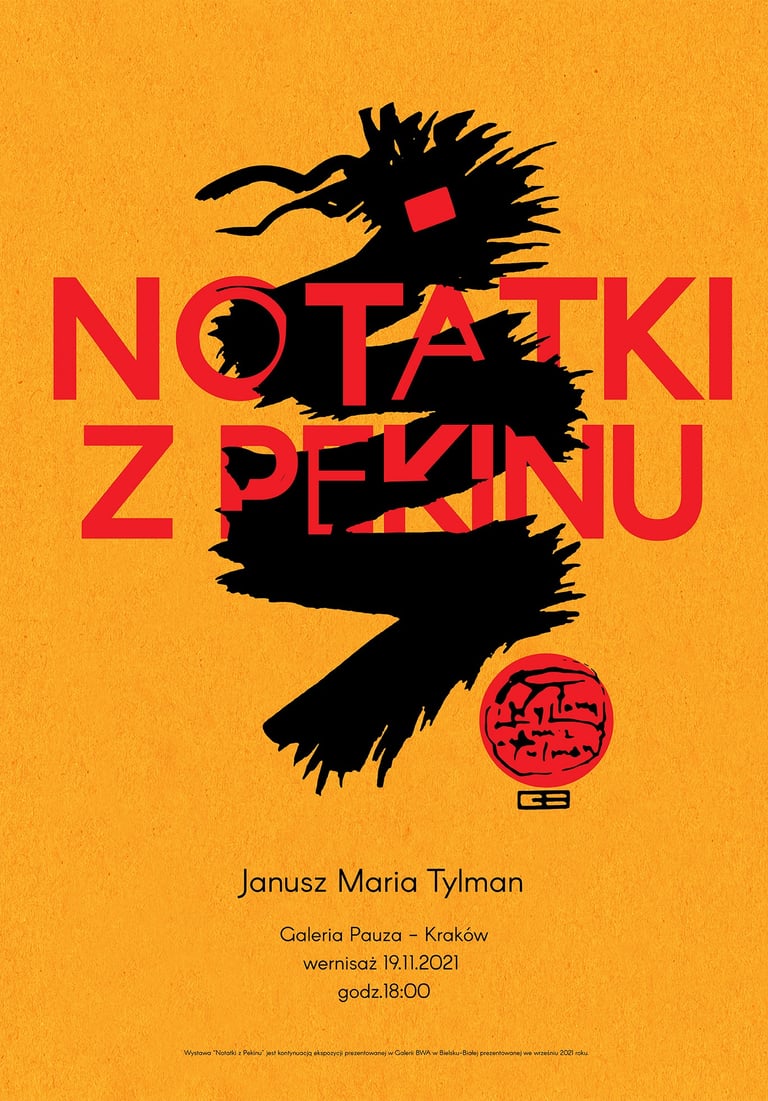 Żółty plakat z chińskim smokiem i czerwonymi napisami