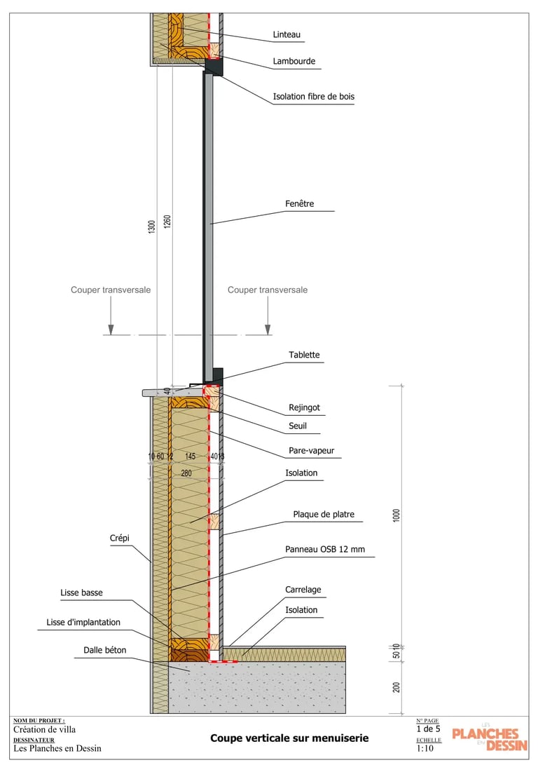 Plan en coupe d'une menuiserie dans un mur en ossature bois