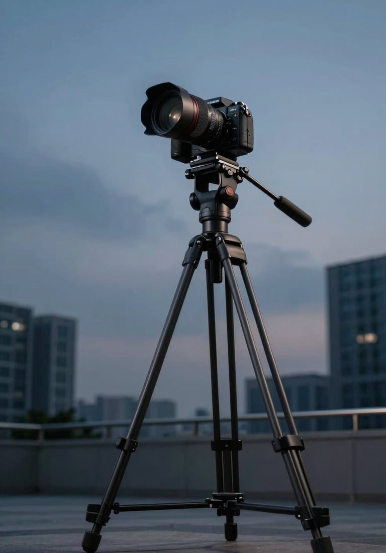 A low-angle shot of a photographer with a tripod in a modern US urban setting at dusk, dark blue-gray sky, high-tech camera gear in sharp relief.