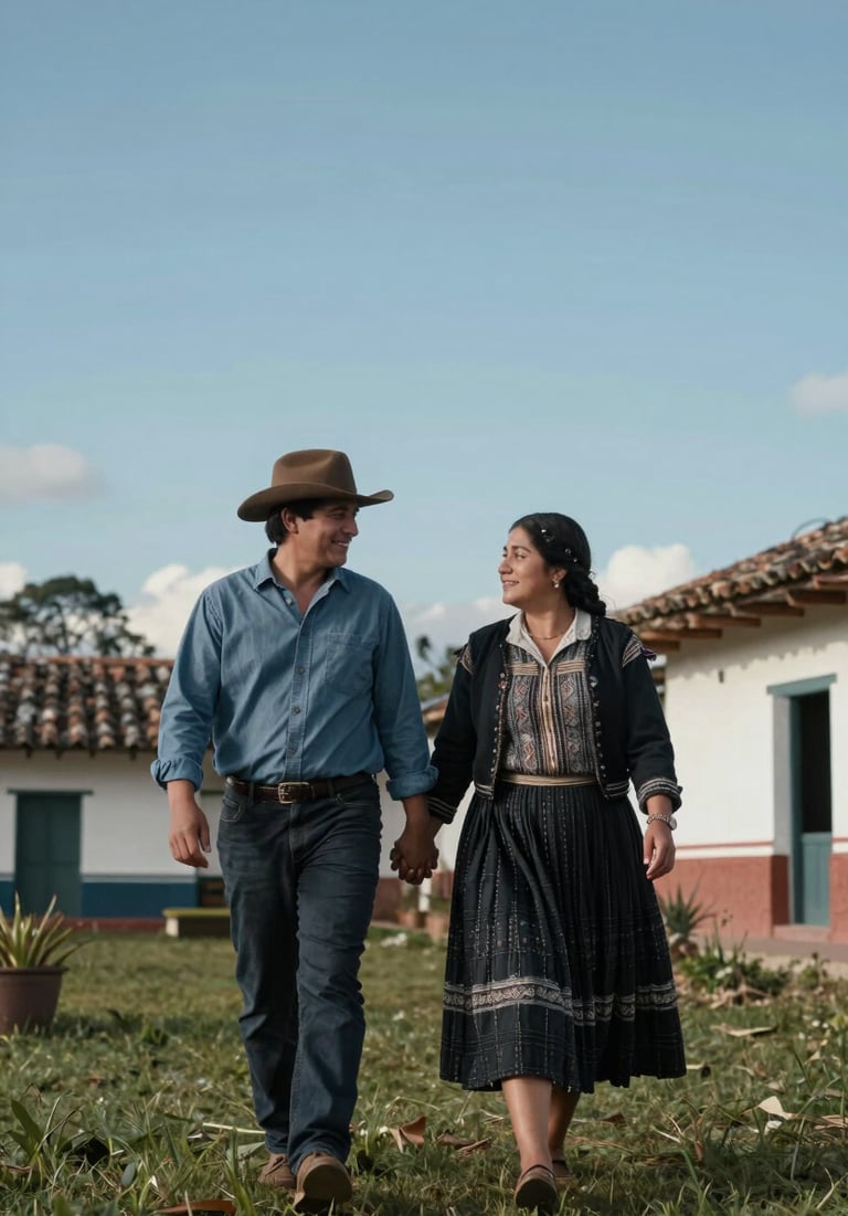 A happy couple walking hand in hand through a South American / Colombian hacienda, cinematic natural lighting, sky blue sky, slate blue and charcoal black attire details.