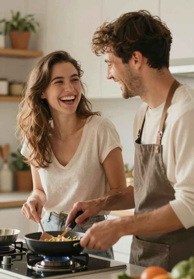 Authentic candid shot of a couple laughing together while cooking in a sun-lit kitchen, warm domestic atmosphere, premium lifestyle photography.