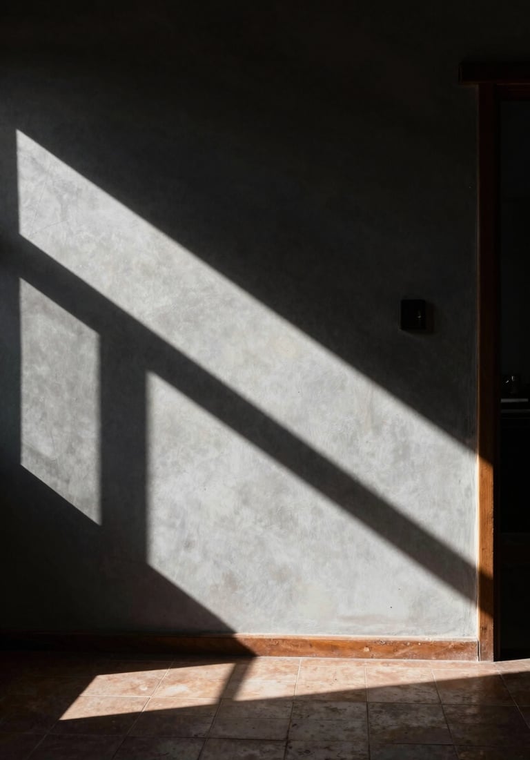 Enigmatic photograph of a room in a South American / Argentine house where sunlight creates sharp geometric shapes against Deep charcoal shadows.