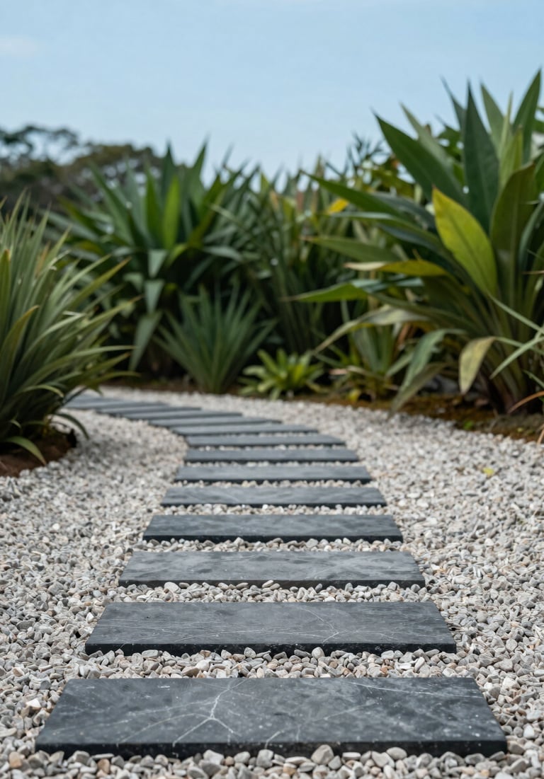A quiet garden scene in Brazil, showing a single dark grey stone path leading through light grey gravel. Lush green plants are visible but the focus is on the minimalist textures and the baby blue sky above.