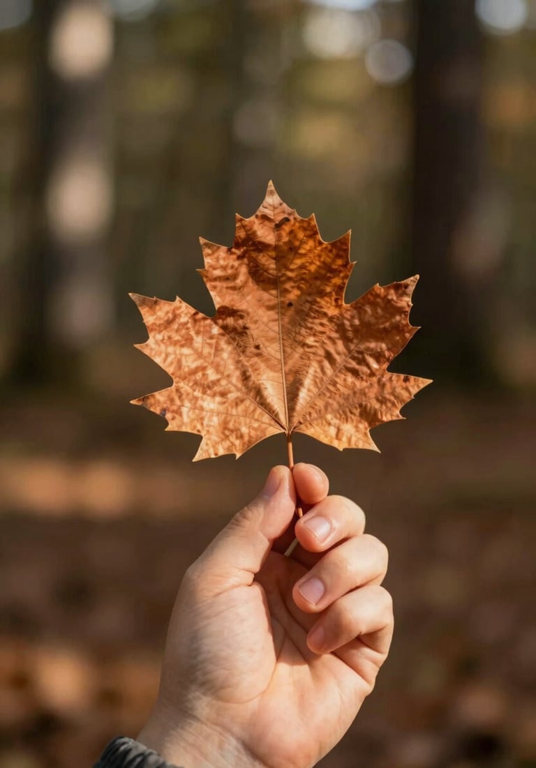 A close-up of a child's hand holding a terracotta colored leaf in a North American / US forest. Warm, sun-drenched lighting and cinematic depth of field.