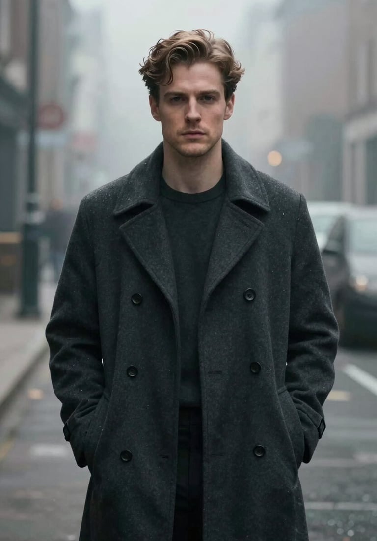 Julian Vance in a character-focused portrait, wearing a dark #0F0F0F coat, standing in a foggy #A8A8A8 street, cinematic film grain, professional actor portfolio.