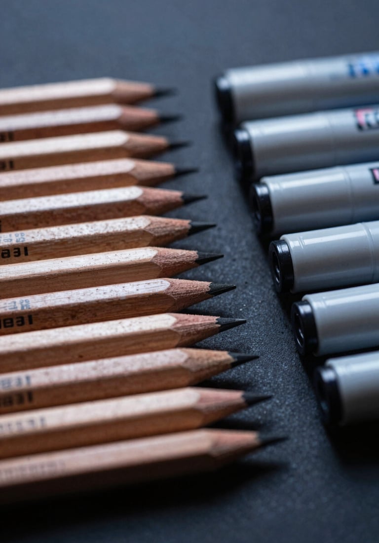 A macro photograph of professional drawing pencils and markers arranged neatly on a dark navy surface in a North American / US studio.