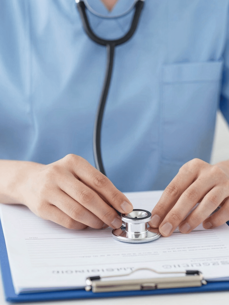 Close-up of clinical hands-on practice, a nursing student adjusting a stethoscope on a medical chart, bright neutral daylight, sterile blue tones