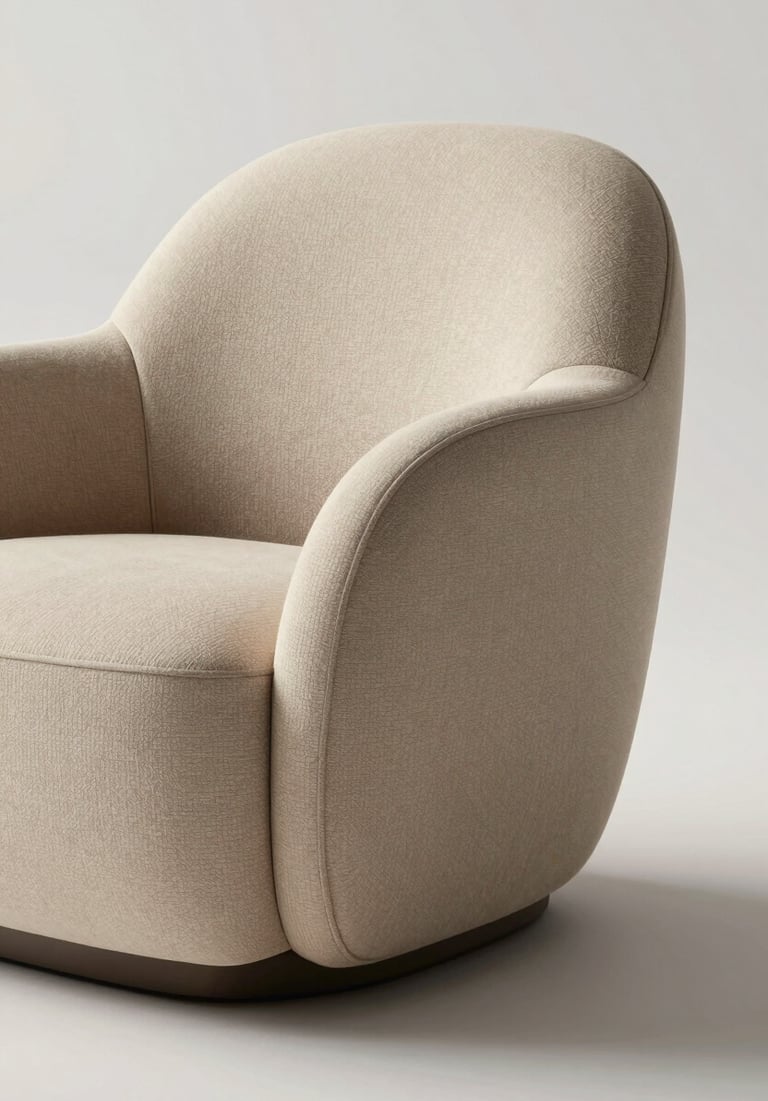 Close-up render of a custom-designed lounge chair. Sophisticated lighting highlights the curves and fabric texture, showcasing high-end 3D visualization skills. Clean minimalist background.