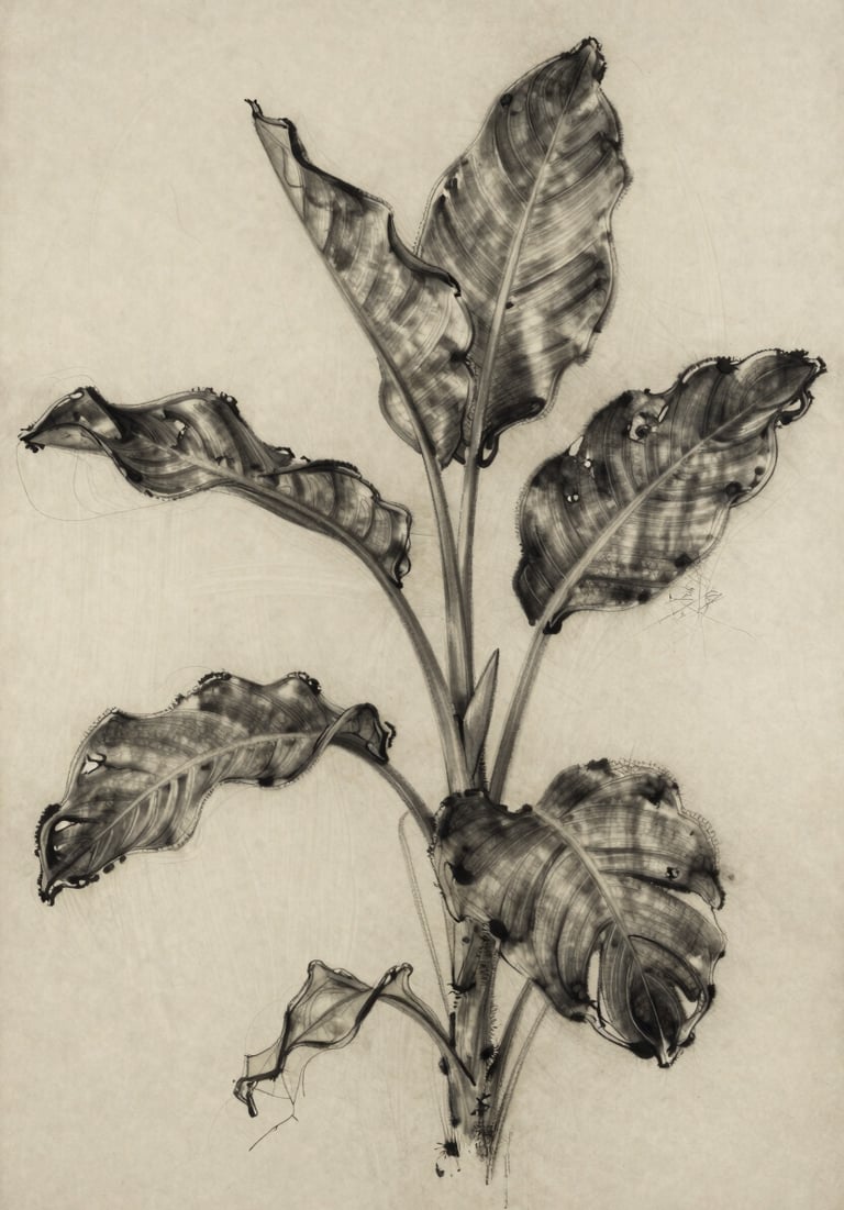 A botanical study painting with expressive charcoal lines and cream paint washes, focusing on organic forms and contemporary elegance in a studio setting.