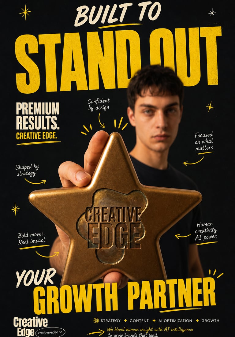 A man holding a gold star award for Creative Edge, a growth partner specializing in strategy and AI optimization.