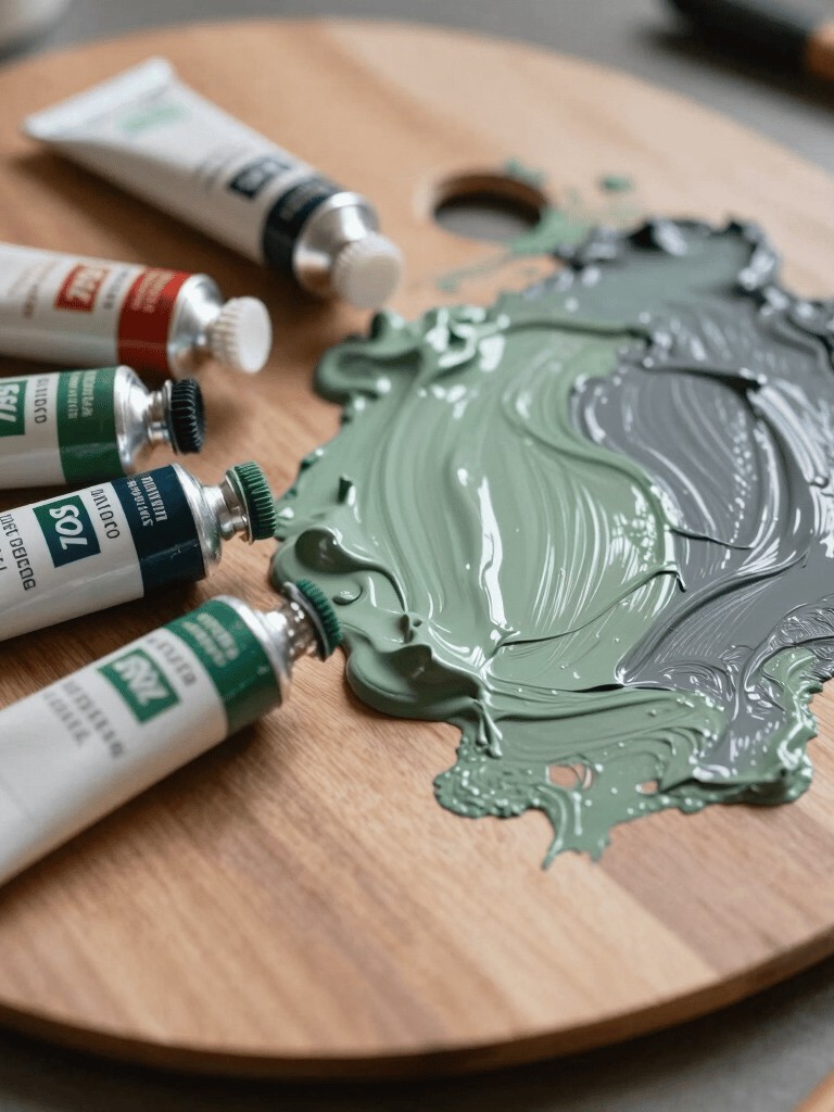 Detail of paint tubes and a wooden palette covered in sage green and charcoal grey oil paint. Artistic studio environment in Portugal.