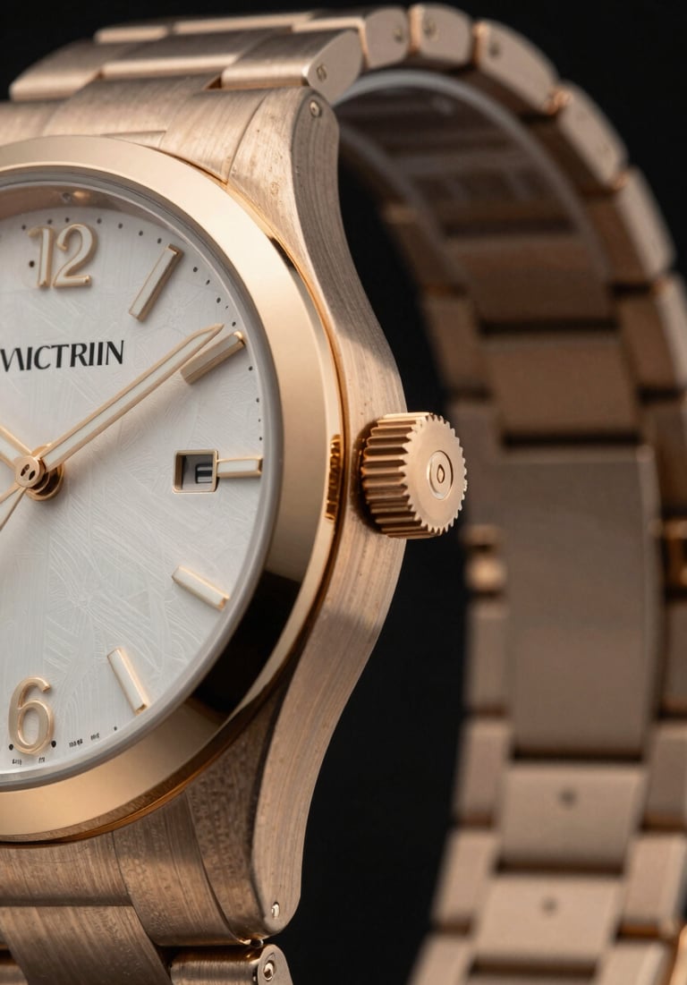 Detail shot of a designer watch and luxury accessories, muted champagne gold textures against a deep obsidian black backdrop, high-end product photography.