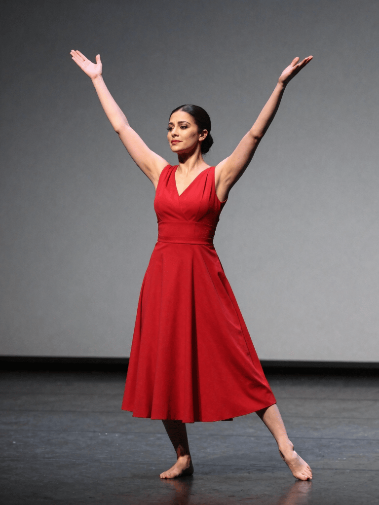 A dynamic photography of a mezzo-soprano in a red dress performing a dramatic scene on a minimalist gray stage in the United States.