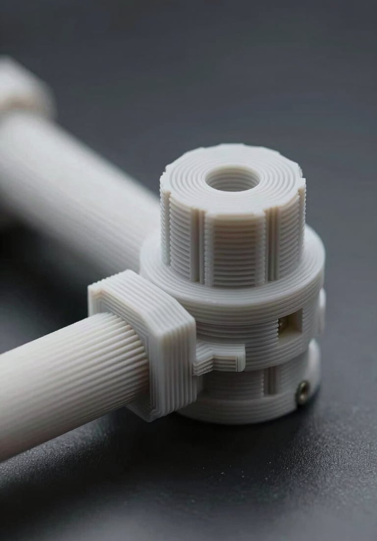 A detailed shot of a 3D printed architectural joint, showing precise technical detail and modern fabrication methods.