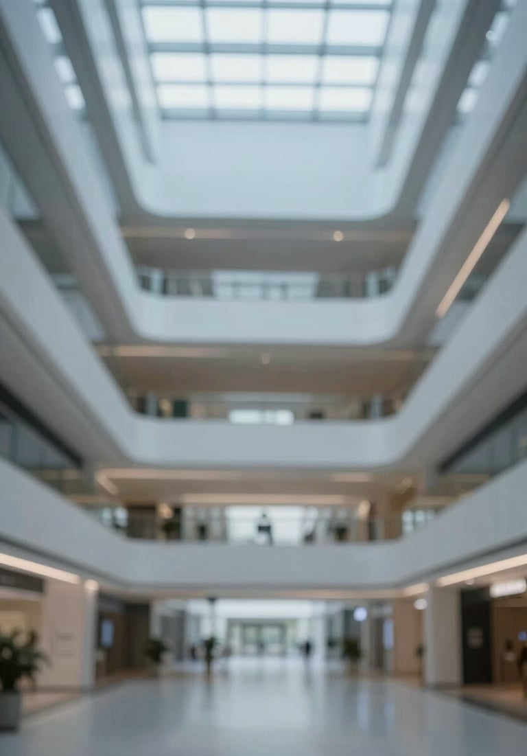 A wide shot of an urban atrium with multi-level balconies and a skylight, emphasizing the firm's understanding of space and light, using #FBF9F6 and #6B6760.