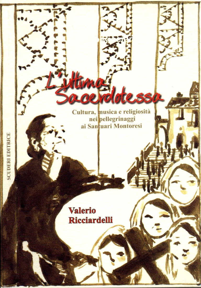 Book cover for L'ultima Sacerdotessa by Valerio Ricciardelli featuring religious pilgrims in sepia ink.