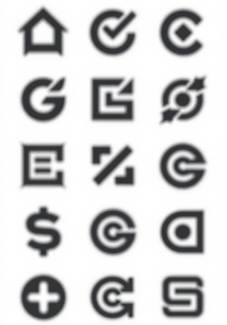 A series of black and white logo sketches on a white paper background, showing the creative process and meticulous craftsmanship, #0A1118 and #ECF0F1.