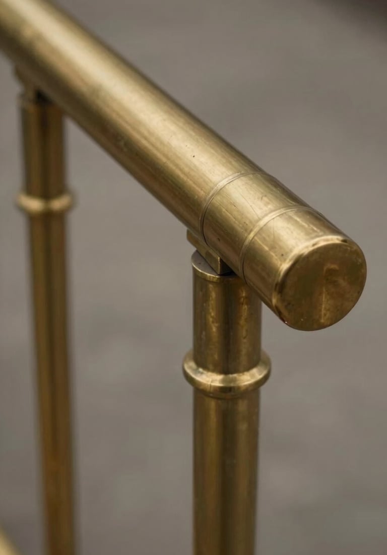 Close-up of a brass handrail ending. The metal has been turned and polished by hand, showing a warm bronze glow. Professional studio lighting, clean lines.